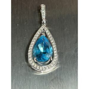 Vintage 10k white gold large teardrop blue topaz gemstone diamond pendant 3.86g